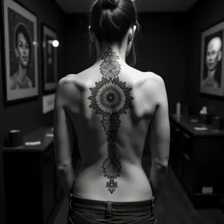 Majestic Monochrome Mandala Tattoo on Spine - Studio Design Inspiration