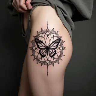 Geometric Mandala Butterfly Tattoo on Thigh