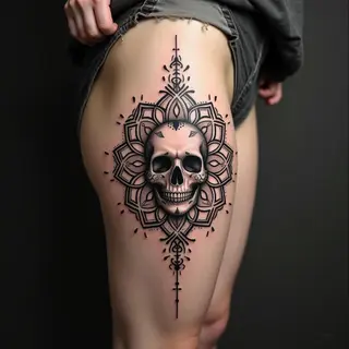 Geometric Mandala Skull Tattoo on Thigh