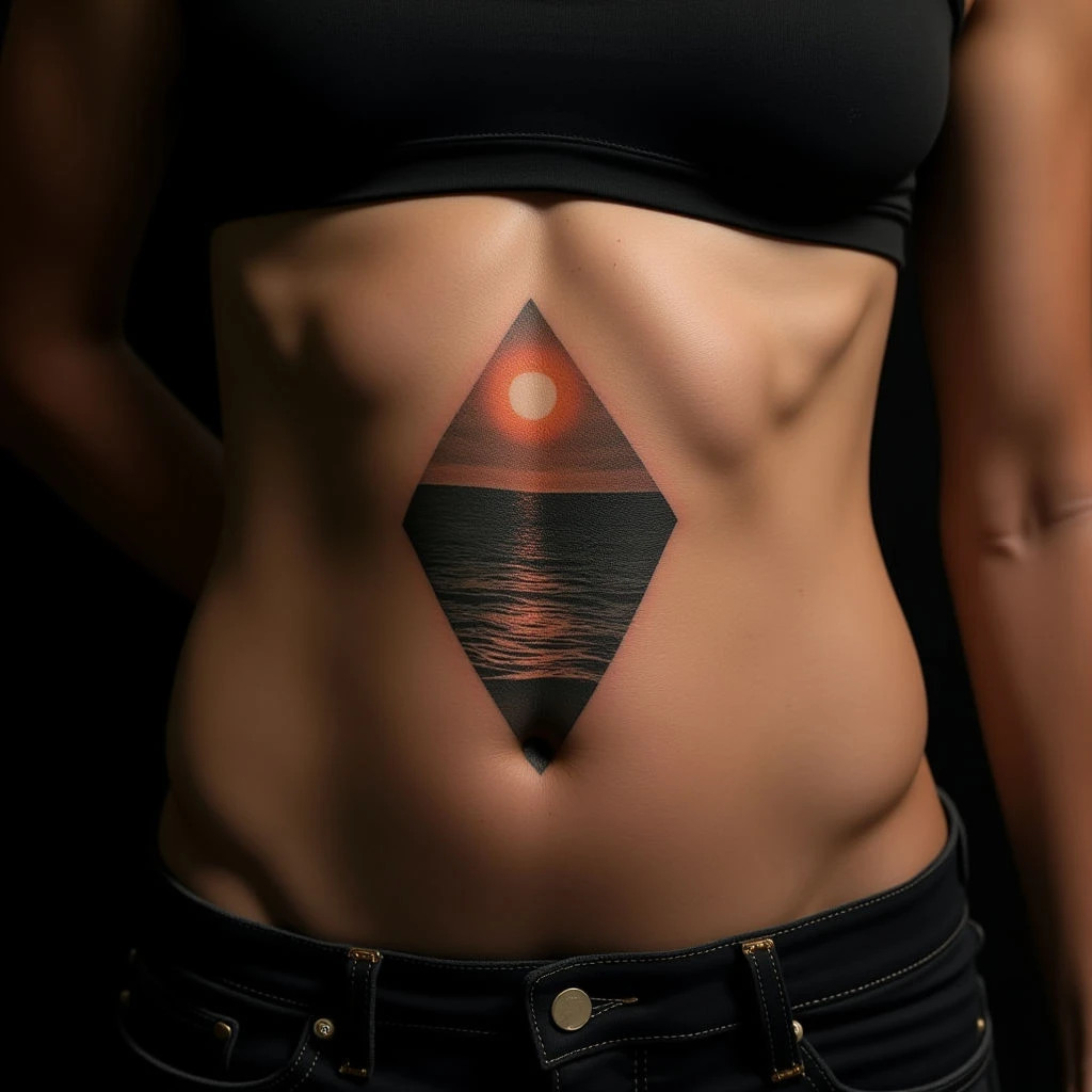 Copper Geometric Ocean Tattoo Design for Stomach - XS Size