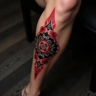 Intricate Oriental Geometric Knee Tattoos in Black, Red & White