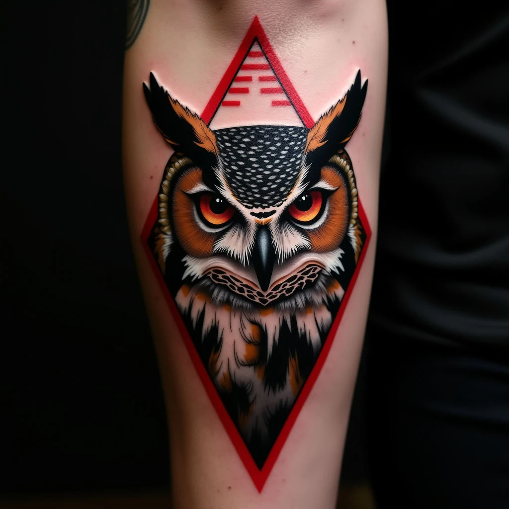 Majestic Geometric Owl Tattoo on Spine - Blackwork Design Ideas