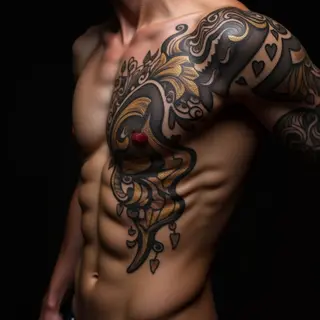 Geometric Ribcage Tattoos: Black, Grey & Gold Realism