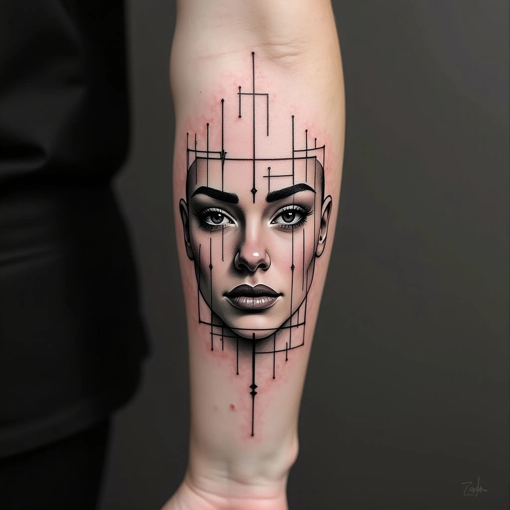 Geometric Face Tattoo Sleeve Design Inspiration