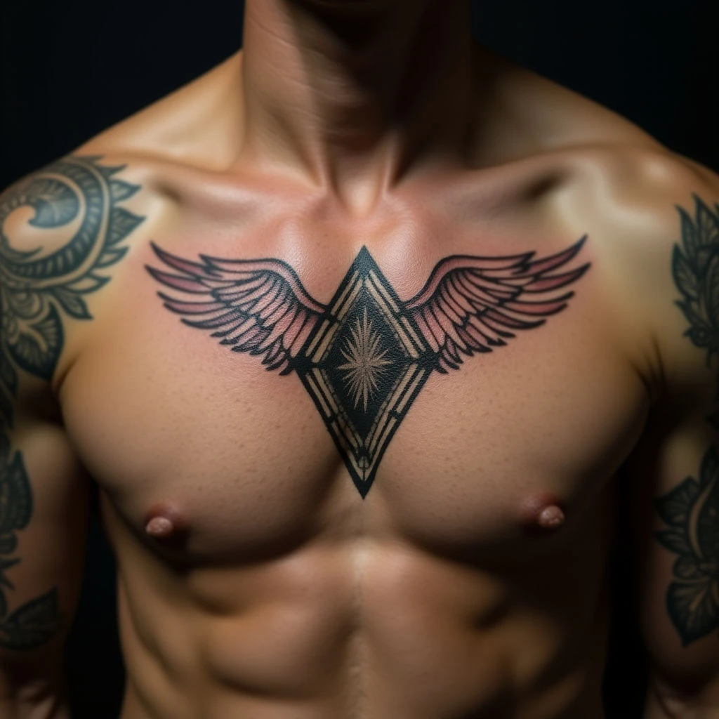 Geometric Father & Son Sternum Tattoos: Brown Ink Designs