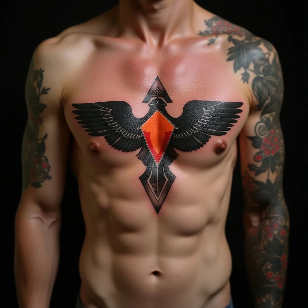 Subtle Geometric Sternum Tattoos in Black & Grey with Red-Orange Accents