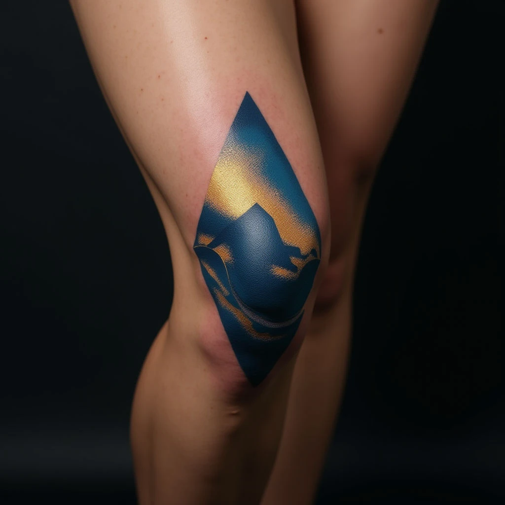 Striking Abstract Knee Tattoo Designs in Blue and Gold