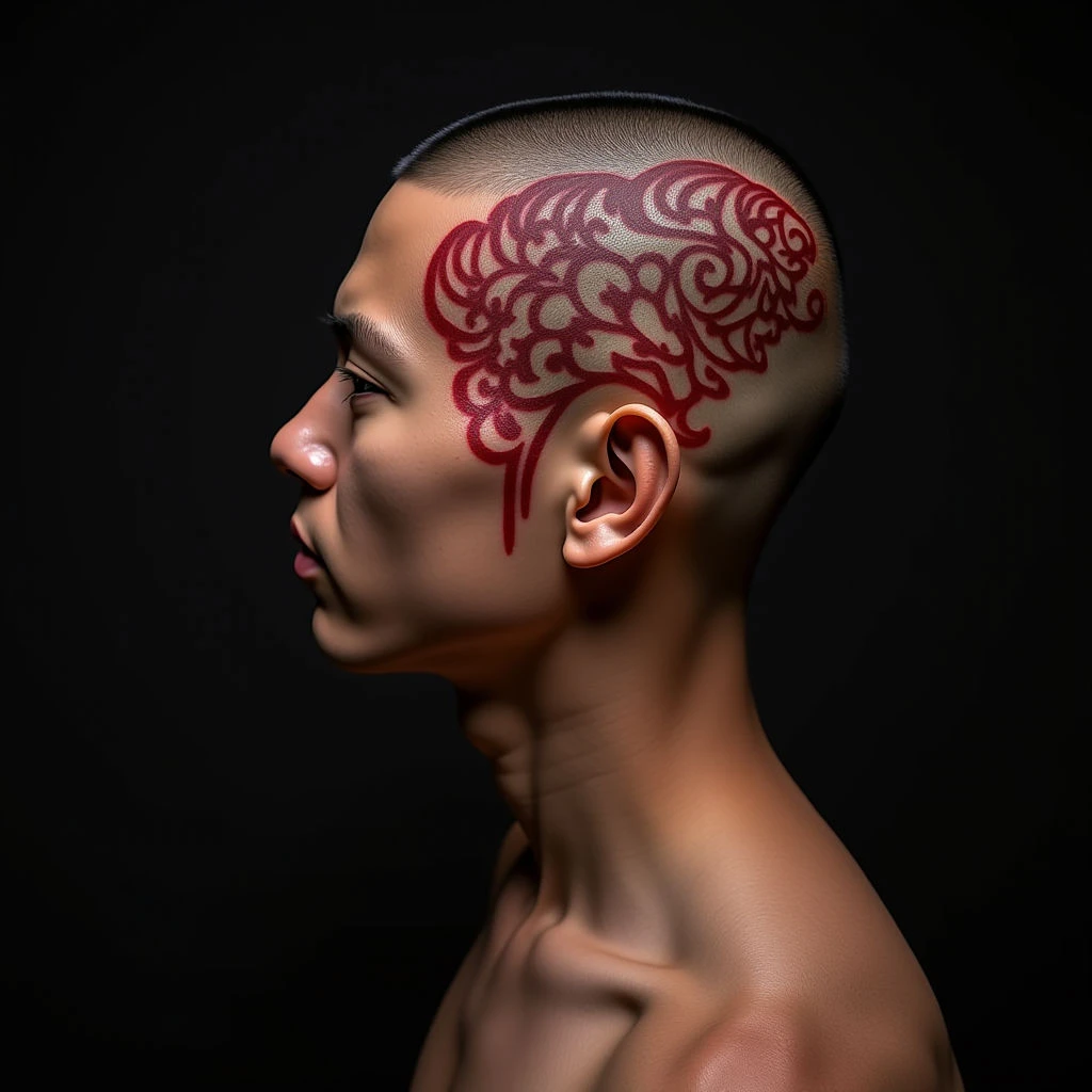 Small Red Oriental Head Tattoos for Boys: Geometric Inspiration