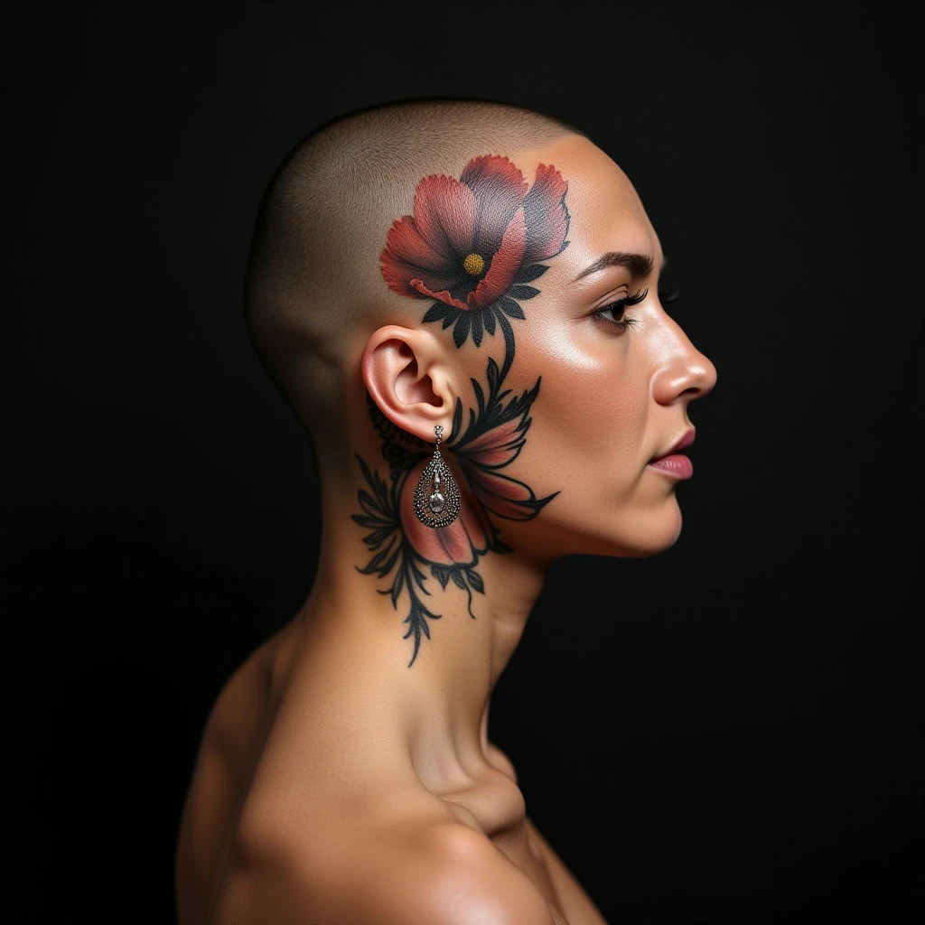 Small Geometric Head Tattoos: Illustrative Red & Brown Designs