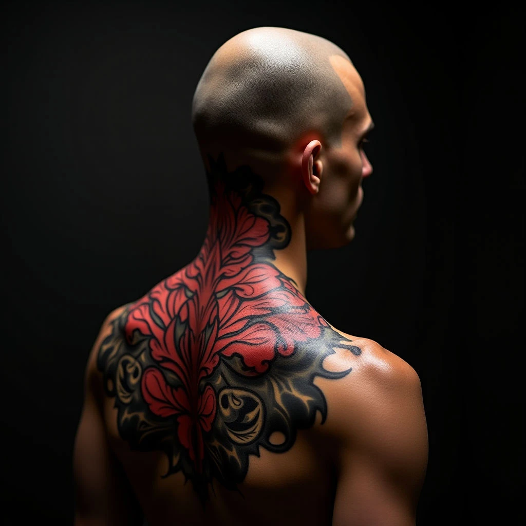 Bold Japanese Head Tattoo Designs with Geometric Black & Red Ink