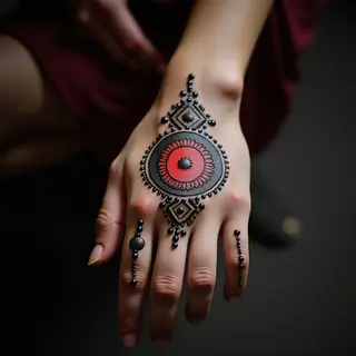 Subtle Knee Geometric Tattoos in Japanese Style (Red, Black & Grey)