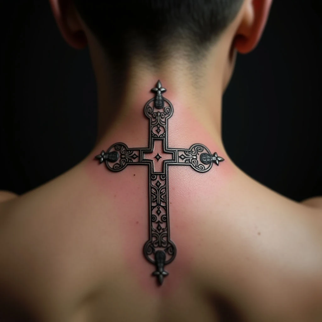 Delicate Cross Hand Tattoos on the Neck: Oriental Copper Designs