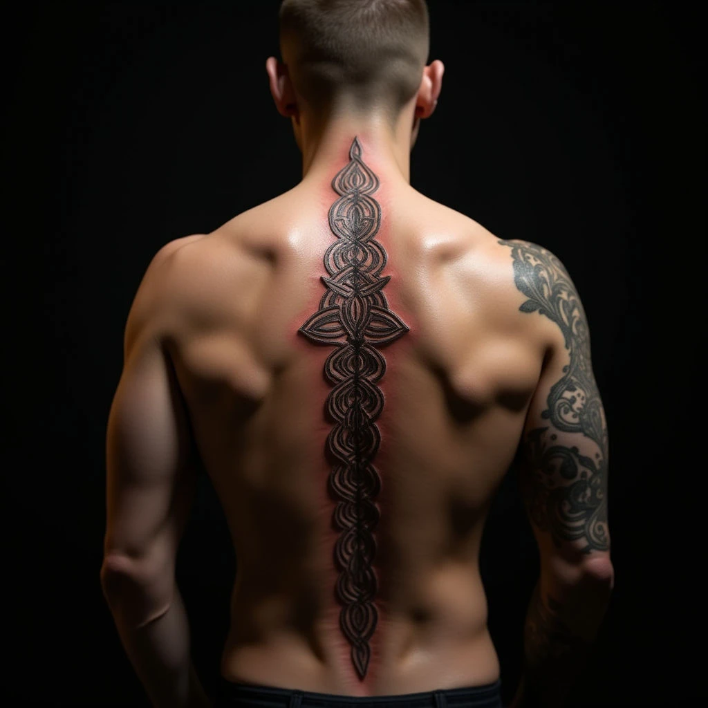Copper Celtic Knot Spine Tattoo: New School Geometric Art