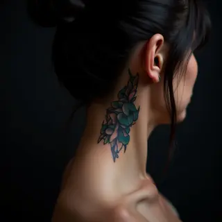 Surreal Geometric Tattoos Behind the Ear: A Blue-Black Inspiration