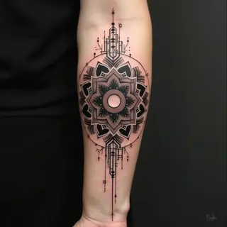 Geometric Circuitry Mandala Tattoo on Forearm