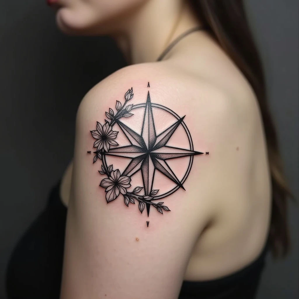 Geometric Compass Rose and Floral Tattoo Design