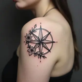 Geometric Compass Rose and Floral Tattoo Design
