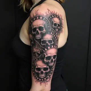 Film Reel and Skull Half Sleeve Tattoo