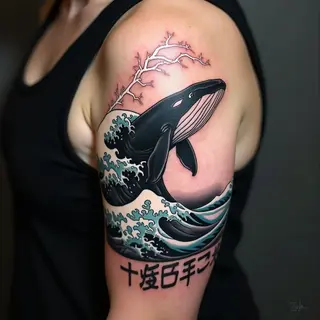 Japanese Wave and Whale Half Sleeve Tattoo Design