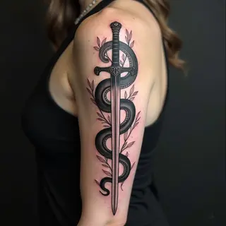 Elegant Snake and Sword Ornamental Tattoo Design