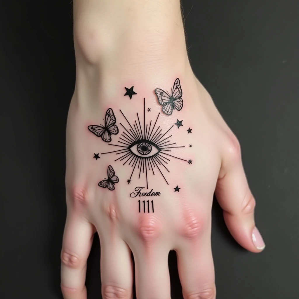 Whimsical Hand Tattoo: Butterflies and Symbols