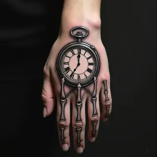 Memento Mori Hand Tattoo: Clock and Skeleton Design