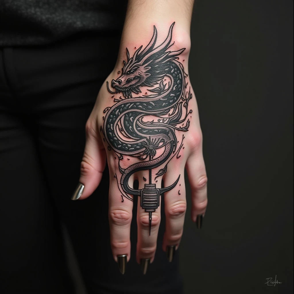 Intricate Dragon and Biomechanical Hand Tattoo