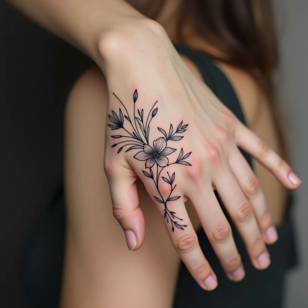 Delicate Floral Hand Tattoo: A Study in Line and Nature