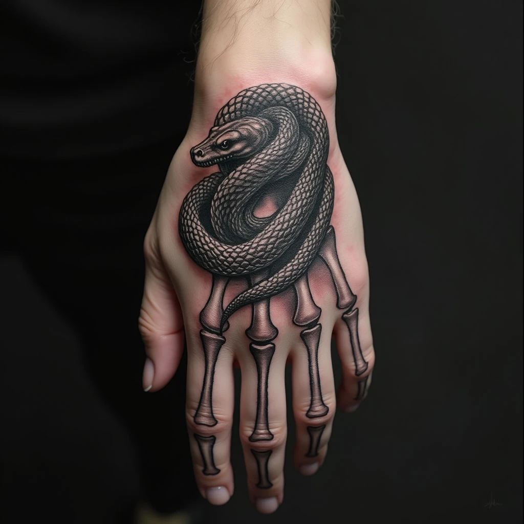 Detailed Snake and Skeleton Hand Tattoo