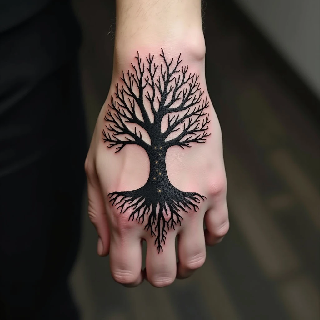 Intricate Tree Root Hand Tattoo Design