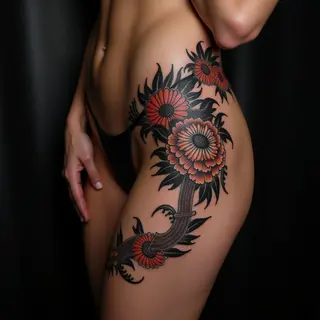 Copper Japanese Thigh Tattoos for Women - XL Designs