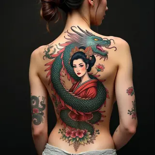 Intricate Japanese Dragon and Geisha Back Tattoo