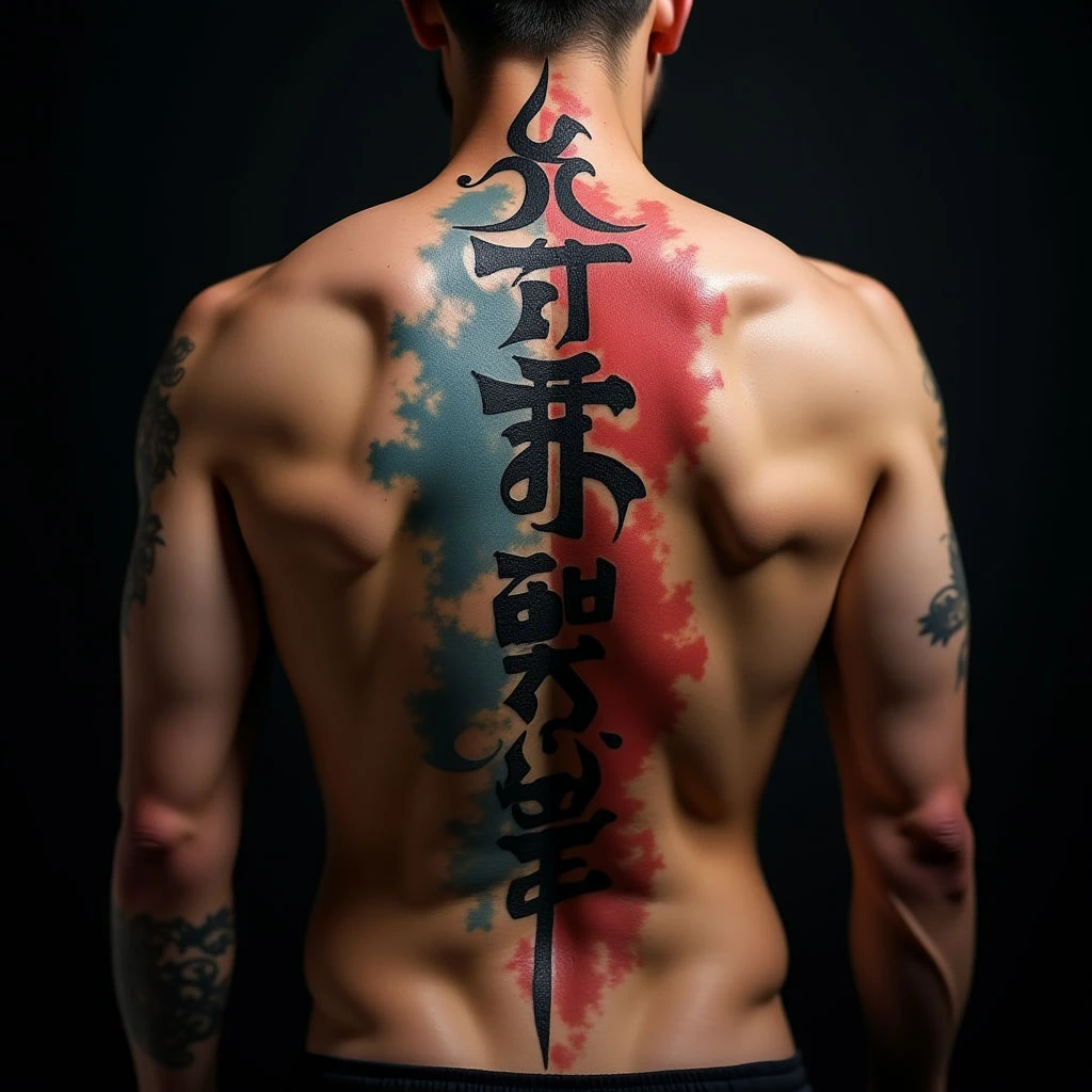 Modern Hindu Calligraphy Spine Tattoos for Men