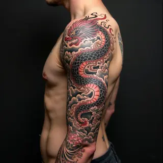 Majestic Dragon and Phoenix Irezumi Sleeve Tattoo