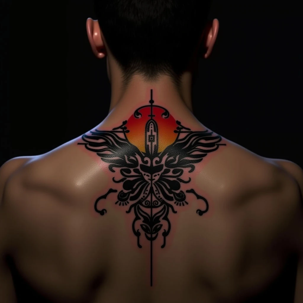 Geometric Irezumi Collarbone Tattoos: Black, Red & Yellow Designs