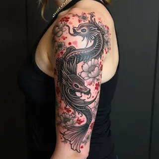 Koi Dragon and Peony Irezumi Sleeve Tattoo