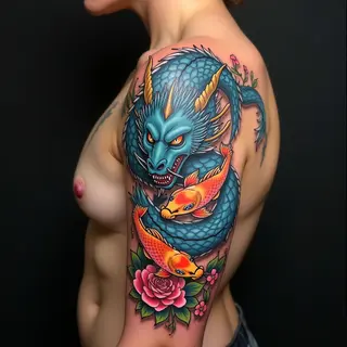 Majestic Dragon and Koi Irezumi Sleeve Tattoo