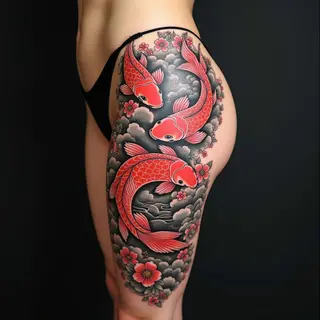 Koi and Cherry Blossom Irezumi Thigh Tattoo