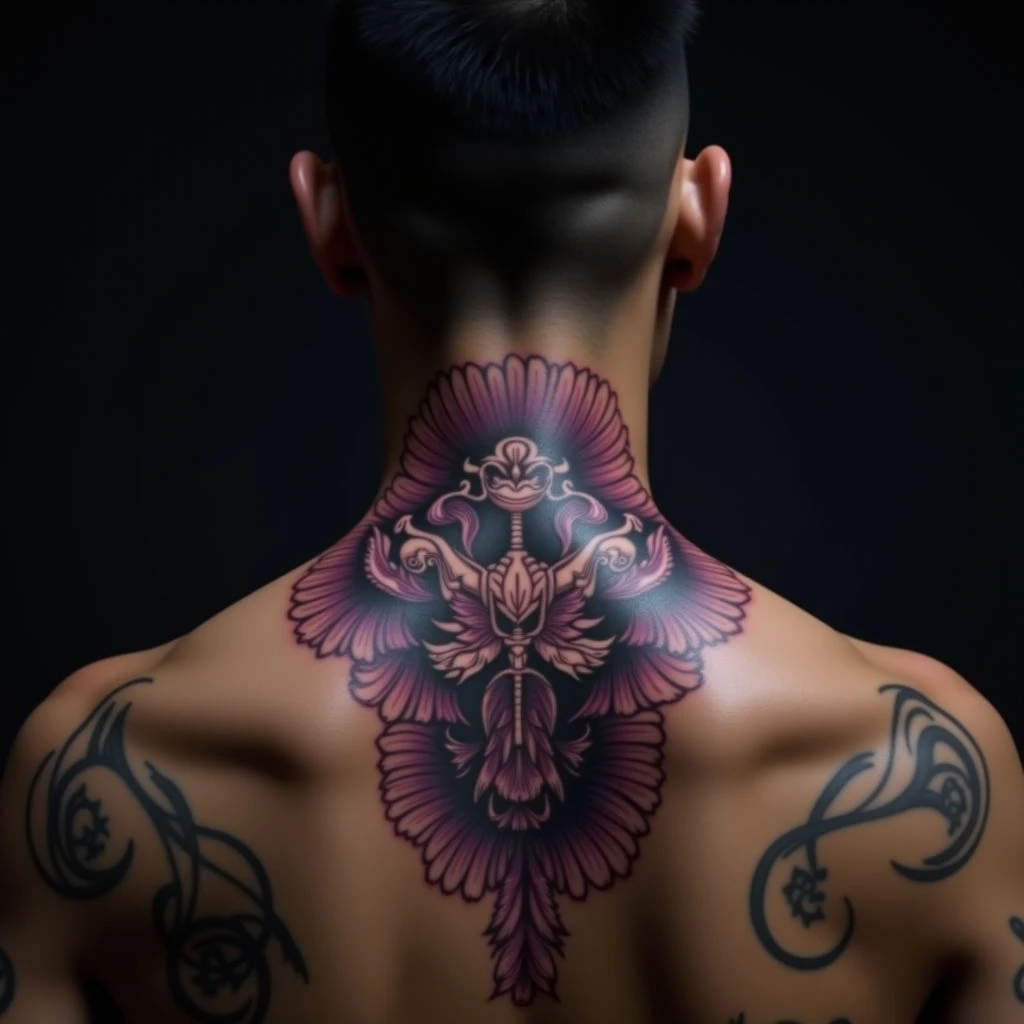 Surreal Japanese Neck Tattoo: Purple Irezumi Design & Meaning