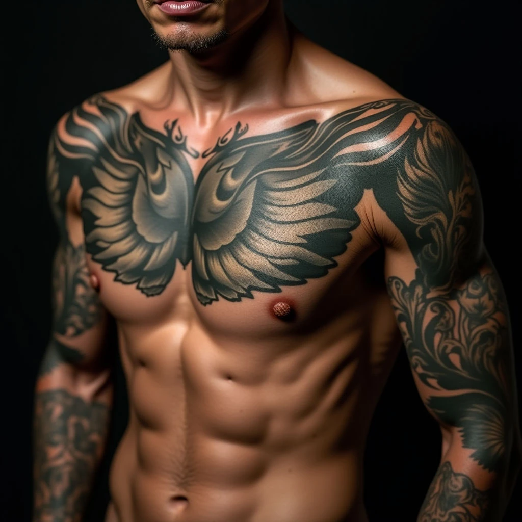 Surreal Irezumi Sternum Tattoos for Men | Green & Black Designs