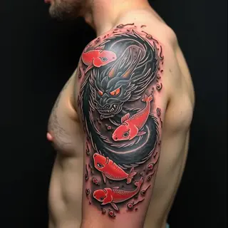Intricate Japanese Dragon and Koi Tattoo Design