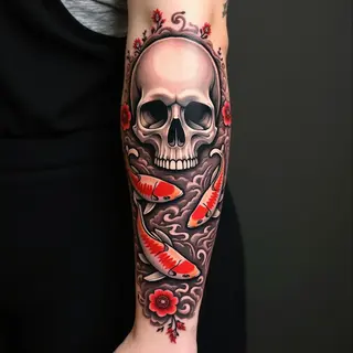 Traditional Japanese Skull and Koi Sleeve Tattoo