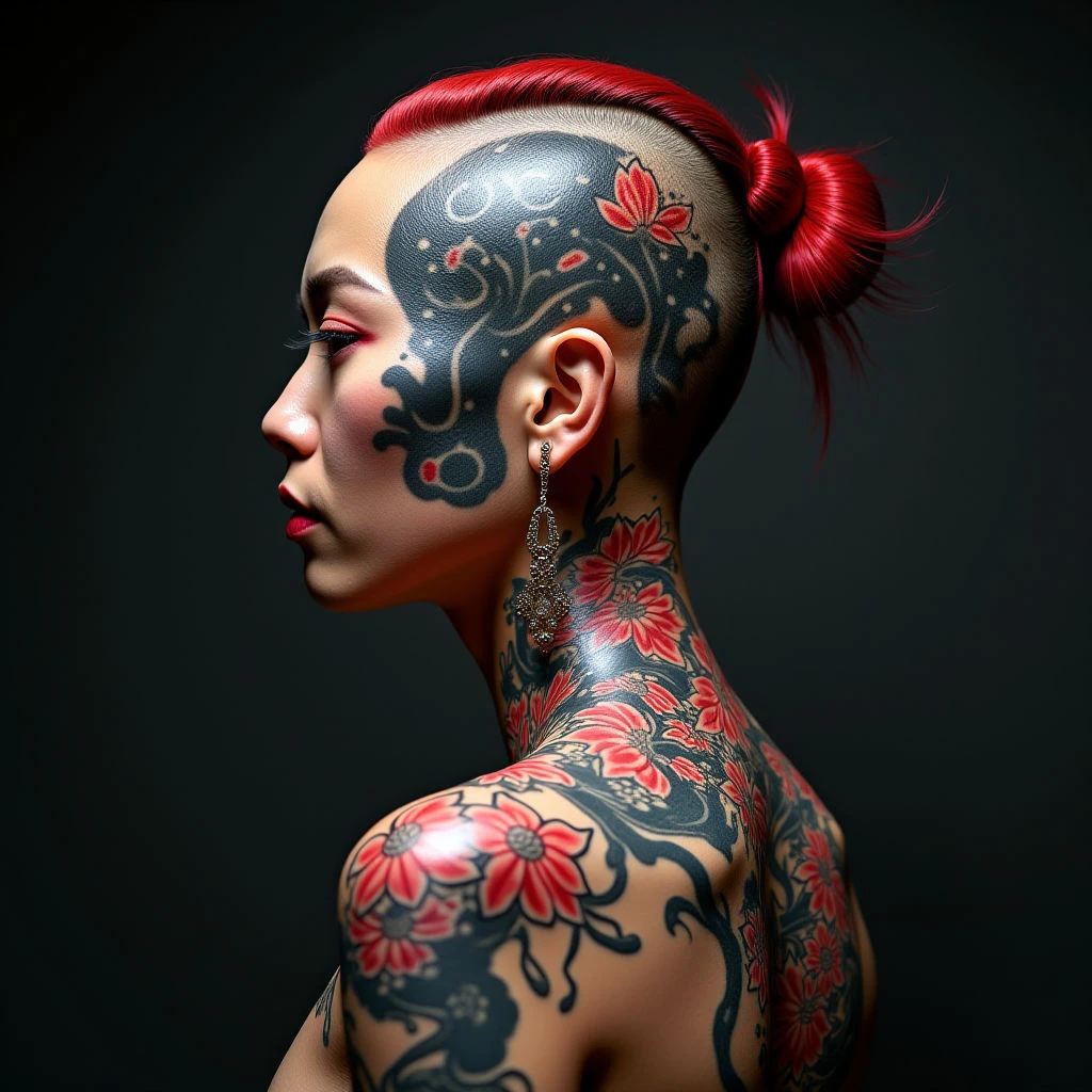 Dark Japanese Watercolor Head Tattoos: Neon Irezumi Inspiration