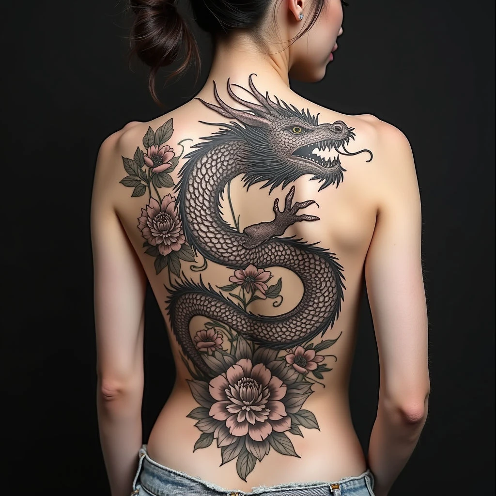 Majestic Japanese Dragon and Peony Back Tattoo