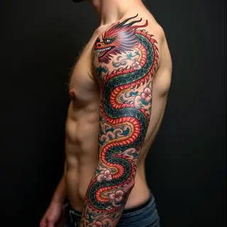 Dynamic Japanese Dragon Sleeve Tattoo