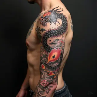 Dynamic Japanese Dragon and Koi Sleeve Tattoo