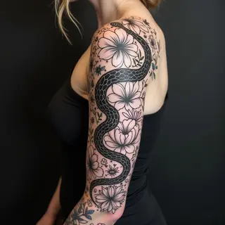Intricate Japanese Floral and Snake Sleeve Tattoo