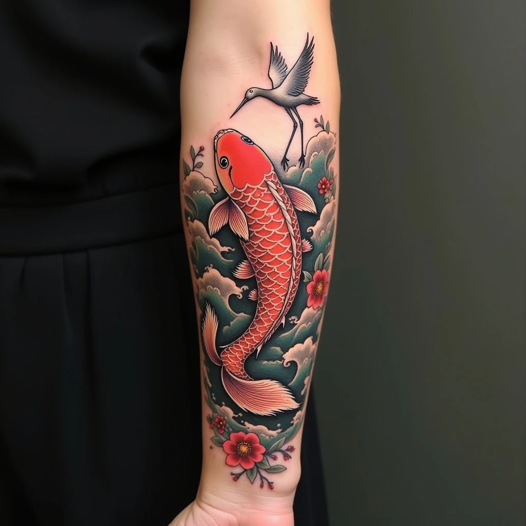 Koi Fish and Crane Japanese Irezumi Tattoo on Forearm