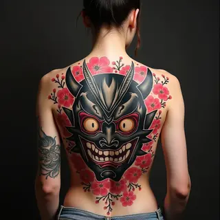 Intricate Oni Mask Back Tattoo in Japanese Irezumi Style