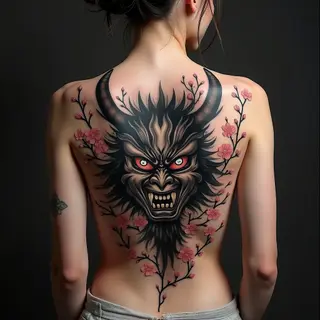 Intricate Oni Mask and Cherry Blossom Irezumi Back Piece